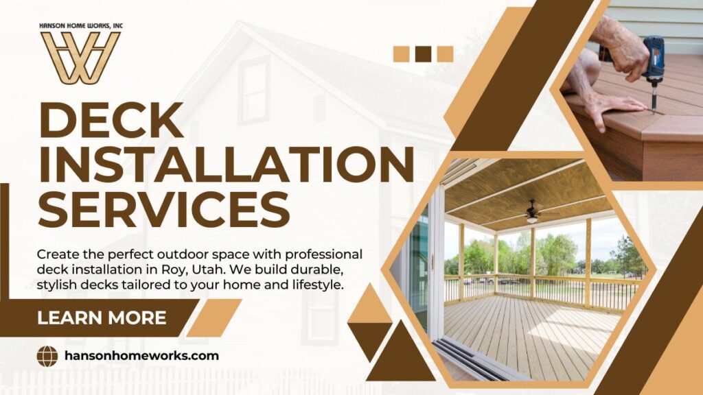 image of deck installation services by Hanson Home Works Inc, featuring a contractor using a power drill and a finished covered deck in Roy, UT