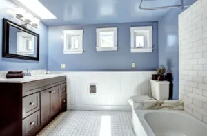 Modern bathroom remodel in Davis County by Hanson Home Works with custom tile and walk-in shower.